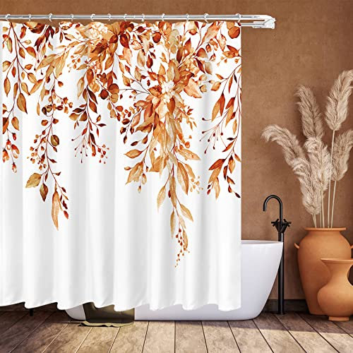 Tititex Ensemble de rideaux de douche Eucalyptus, feuilles en aquarelle sur la partie supérieure avec décoration florale pour salle de bain, 183 x 198 cm avec crochets, orange