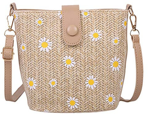 Bruafsir Small Daisy Handbags Chain Bucket Bag Messenger Bag Khaki Schoolgirl Bag Straw Handbags for Women