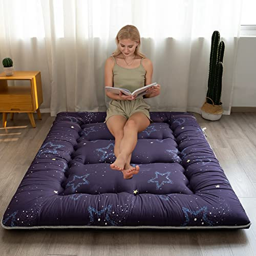 YOSHOOT Muster Futon Matratze Japanische Bodenmatratze Faltbar Tatami Bodenmatte Tragbare Camping Klappmatratze Schlafmatratze Bodenliege Gästematratze (Mond und Sterne, 90x190 cm)
