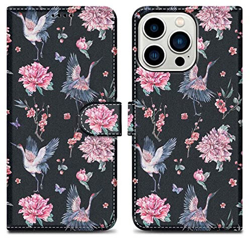 Cadorabo Hülle kompatibel mit Apple iPhone 14 PRO Handyhülle ausim Muster Design Premium Kunst Leder Flip Klappbare Stoßfeste Magnetische [Standfunktion] Case Hülle für iPhone 14 PRO in Schwarz