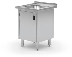 HENDI Einzelspültisch mit Flügeltürschrank, geschweißt, Verstellbare Füße, Beckengröße: 400x400x(H)250mm, Abfluss: ø50mm, Öffnung für Wasserhähnen: ø30mm, Aufkantung: 40mm,600x700x(H)850mm, Edelstahl