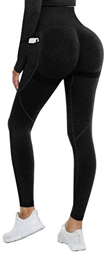 DUROFIT Scrunch Butt Leggings Damen High Waist Sport Leggings Mit Tasche Po Push Up Leggings with Pocket Booty Lift Leggins Gym Leggings Mit Handytasche Ruched Sporthose Schwarz S