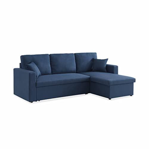 Alice's Home - Canapé d'angle Convertible en Tissu Bleu - IDA - 3 Places. Fauteuil d'angle réversible Coffre Rangement lit modulable