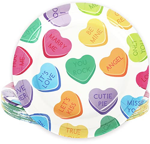 Whaline Valentine's Day Paper Plates Conversation Heart Round Disposable Plates 9 Inch Colorful Decorative Tableware for Valentine's Day Anniversary Birthday Wedding Party Supplies, 24Pcs