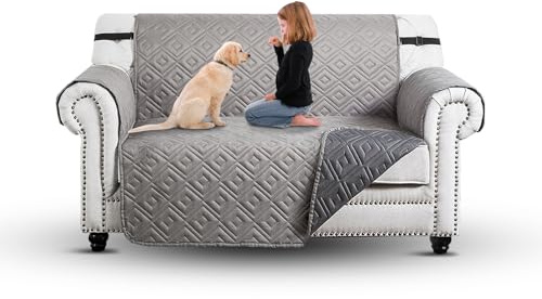 Moonlight Bedding Water Resistant Sofa Cover 2 Seater Sofa Protectors from Pets/Kids Reversible Quilted Couch Covers Non-Slip Furniture Slipcovers with Elastic Straps (Loveseat, Light Grey/Dark Grey)