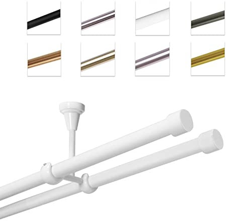 MDEKOR Gardinenstange 120 cm 2-läufig | Vorhangstange für die Deckenmontage Weiß aus Metall | Gardinenstangenset Ø 19mm