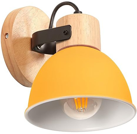 iDEGU Wandleuchte Innen Vintage Wandlampe aus Holz und Eisen Industrie Design Lampe Retro Wandstrahler Verstellbare Deckenleuchte Wandspot Wohnzimmer Schlafzimmer Küche (Gelb)