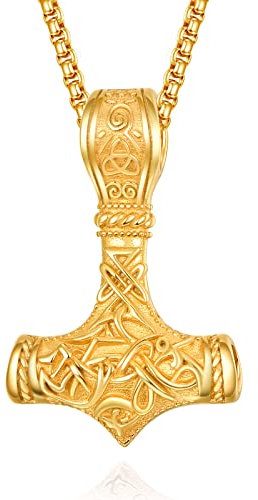 KINGWHYTE Thor's Hammer Talisman Halskette 925 Sterling Silber Nordic Vintage Anhänger Viking Vegvisir Mjolnir Amulett Schmuck Geschenke für Männer(Gold)