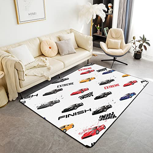 Loussiesd Cartoon Auto Modern Teppich Wohnzimmerteppich, Rennauto Dekorative Teppich, Cool Speed Sport Auto Extreme Sport Schwarz Rot Indoor Fußmatte, 150x200cm Modern Teppich Super Weich rutschfest