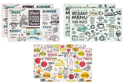 moorg Set mit 6 amerikanischen Tischsets im Vintage-Stil, aus Kunststoff, waschbar, 44 x 28 cm, Platzdeckchen aus PVC (Street Food)
