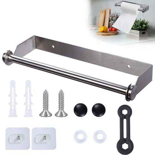Kinwodon Self Adhesive Kitchen Paper Towel Holder, No Drilling Paper Towel Holder Hanger Kitchen Roll Holder Under Cabinet Wall Mounted for Home Kitchen Bathroom (Silver)