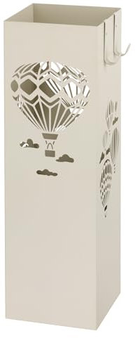 Baroni Home Porte-Parapluie Carré en Métal, Porte Parapluies Moderne avec Design Montgolfières, 2 Crochets Intérieur et Bac d’Égouttement Extractible, Pieds Antidérapants, Blanc, 16x16x49 cm