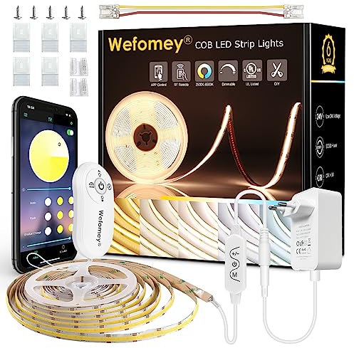 Ruban LED COB, 5M Dimmable DC24V Bande LED Blanc Chaud Froid avec Alimentation et App Control,Télécommande, CRI 93+, Super Lumineux 2700-6500K,Bande Lumineuse COB pour Chambre, Décoration de la Maison