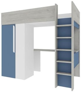 Vente-unique-Hochbett mit Schreibtisch & Kleiderschrank - 90 x 200 cm - Blau & Weiß - Nicolas