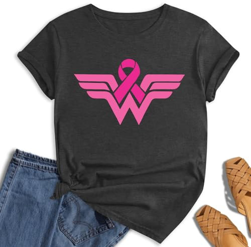 hohololo Tee-Shirt Octobre Rose pour Femme Cancer du Sein Octobre Rose Ruban T-Shirt,Gris-A,S