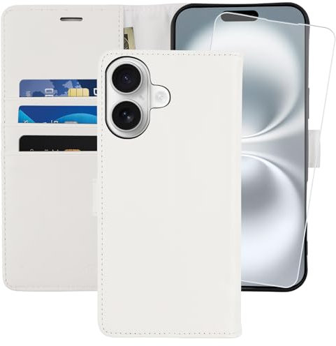 MONASAY for iPhone 16 5G wallet case,[Glass Screen Protector Included] [RFID Blocking] Flip Folio Leather Cell Phone Cover with Credit Card Holder, 6.1-inch, White