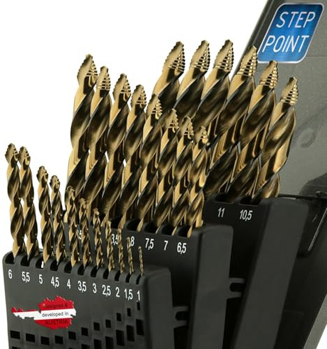 WELIQU HSS-Co Step Point Spiralbohrer Set 25-teilig 1-13mm x 0,5mm - Selbstzentrierende Metallbohrer, DIN 338, 118° für Stahl, Edelstahl, Aluminium, Messing, Bronze, Gusseisen, Hartholz, Kunststoff