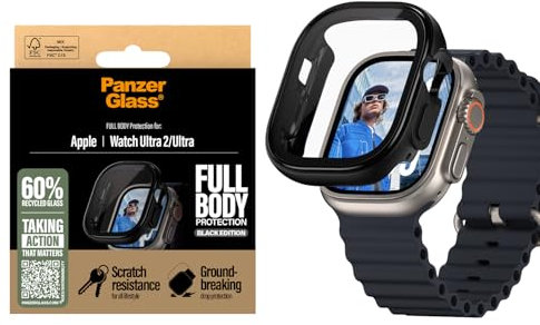 PanzerGlass® Funda Dura para Apple Watch Ultra 2024 negro, protector de pantalla de vidrio templado, parachoques protección completa