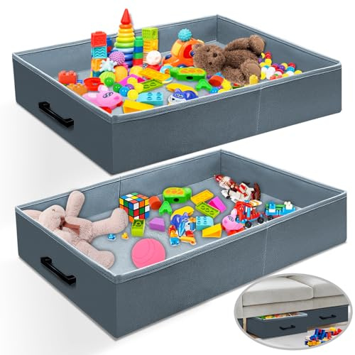 MAINTEEE Under Couch Storage, 2 Pieces Under Bed Containers, Foldable Under Sofa Storage Box for Toys, Blocks, Puzzles, Plush Dolls, Books (60 x 40 x 10 cm)