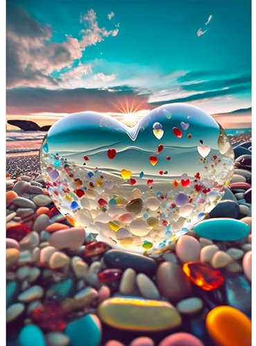 Tyanlenr 5D Diamond Painting Kristall Herz Strand Sonnenuntergang, DIY Vollbohrer Diamant Malerei Set, Diamond Painting Herz am Strand, 5D Diamant Painting für Erwachsene Kinder, 30x40 CM