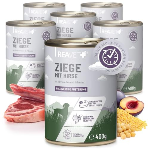 ReaVET Premium Hunde Nassfutter - Ziege an Hirse & Kichererbsen 6 x 400g I mit hohem Fleischanteil & viel Muskelfleisch, Glutenfrei Hundefutter nass, ohne Zucker