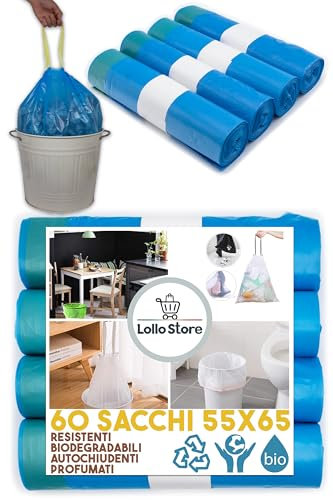 60 Müllbeutel, 55 x 65 cm, Blau, Duft Talkum, 40 Liter, geruchshemmend, mit Griffen, zum Zuziehen und Schließen, Müllbeutel für Mülltrennung, Müllsäcke mit hoher Dichte aus Polyethylen
