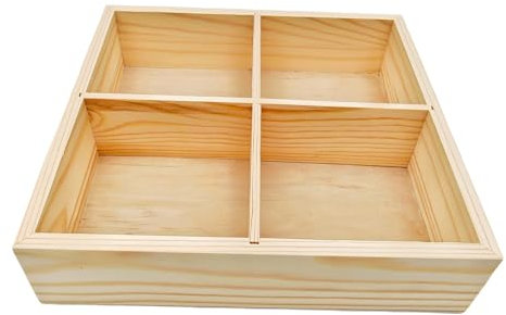 Anktily Unfinished Square Wooden Storage Divider Box, 4 Compartments Showcase Display Box, Socks Organizer, Underwear Storage Case, Wood Display Tray for Jewellery, Collectibles