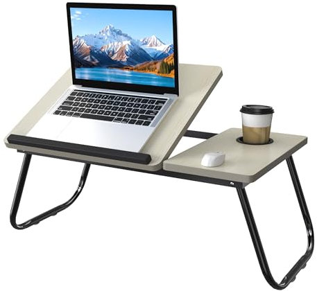FIVMEN Laptoptisch Winkelverstellbar Betttisch Betttablett Klappbar mit Laptop-Ständer und Cup Slot Frühstückstablett Notebooktisch Laptopständer aus MDF für Sofa Bett Couch 56x33 cm, Beige