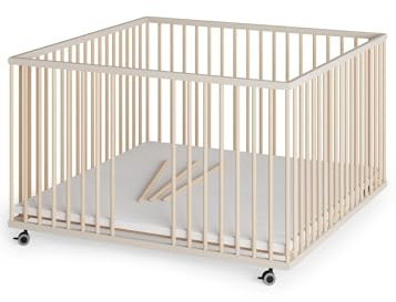 Sämann Laufstall Baby mit 3 Schlupfsprossen | TÜV geprüft | stufenlos höhenverstellbar | Laufgitter Premium | Babybett aus Holz | Krabbelgitter (sahara dust/natur, 120x120 cm)