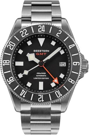 Seestern S462 Automatik Titan GMT Schwarz Datum Saphir 24h Herrenuhr, blau, Armband