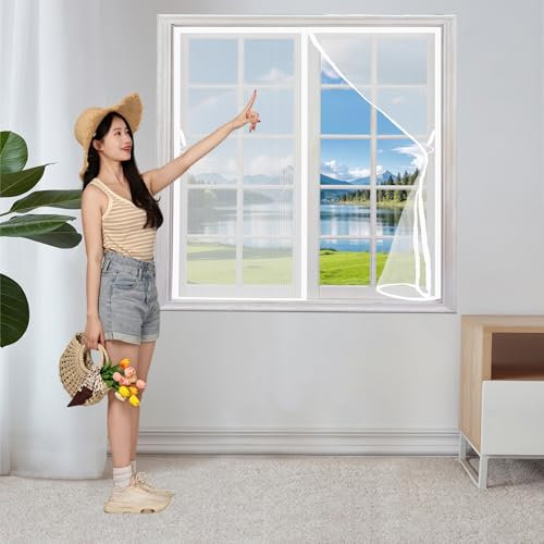 Fliegengitter Tür Magnet 113 x 110 cm Ohne Bohren Magnet Insektenschutz Fenster Faltbar Luft Kann Frei Strömen Nicht Kürzbar Kinderleichte Klebemontage, Weiß