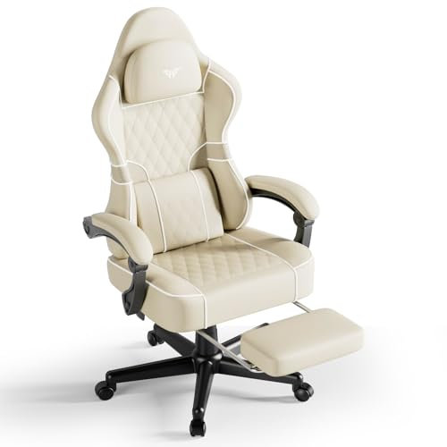 Huracan Sedia da Gaming con funzione massaggio, Poltrona da gaming ergonomica per PC, sedie gamer regolabile e girevole, Sedia da gioco con poggiapiedi, Gamer Chair in pelle PU, Beige