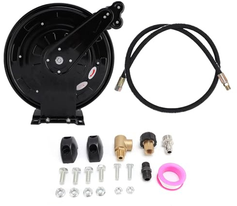 Marhynchus Enrouleur de Tuyau de Laveuse à Pression Robuste 4000PSI 49.21ft Enrouleur de Tuyau de Laveuse Rétractable avec 8 Engrenages à Cliquet 360 ° Joint Pivotant pour une Utilisation