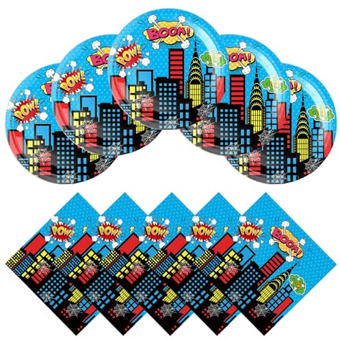 40Pcs Super Hero Birthday Party Decorations include 20 Dessert Plate and 20 Napkin Spider Superhero Party Supplies Tableware Set for Blue Superhero Decor Party Serves 20