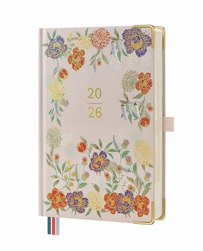 BEZEND Kalender 2026 Tagesplaner A5 1 Tag 1 Seite(Jan - Dez), Tageskalender mit Stündlichem Zeitplan und Monatsansicht, Terminplaner mit Stiftschlaufe & Hardcover, Altrosa mit Blüten