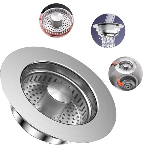 ONGNIUU Bouchon d'évier de cuisine 3 en 1, filtre d'évier de cuisine inox, bouchons d'évier à pression, profondeur > 40 mm, diamètre des trous 71-85 mm, anti-remplissage et anti-odeur