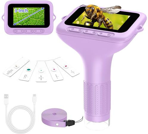 Microscope Enfant Numérique de Poche Portable: 3.0 Grand Écran 1000X 32GB Microscope Rechargeable Kit de Lames Biologiques Loupe Cadeau Scientifique pour Enfants Violet