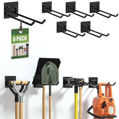 Urban Deco Garagenhaken Set (6er) - Schwerlast Wandhaken aus Metall für Gartengeräte, Werkzeug & Besen - Platzsparende Gartengerätehalter für Garage, Schuppen, Werkstatt & Garten - Schnelle Montage