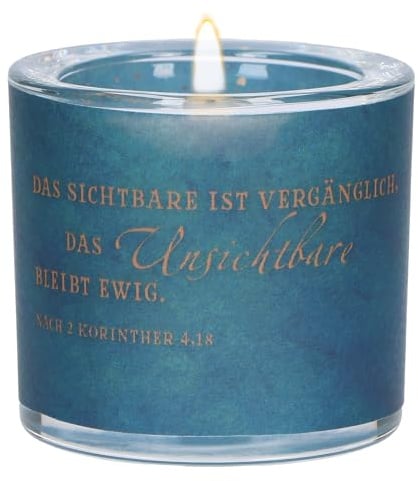 Butzon & Bercker Glaswindlicht Trauer - Gedenklicht mit Bibelvers 2 KOR | Mundgeblasener Teelichthalter - Teal-Goldenes Erinnerungslicht - Kondolenzgeschenk in Geschenkverpackung mit Teelicht