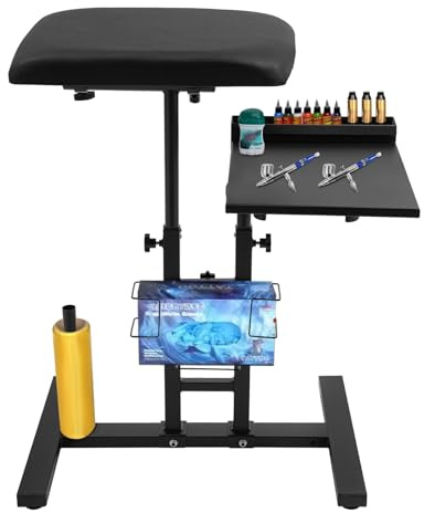 Arm Rest Stand with Workbench, 360° Rotating Adjustable Height 55-90cm, Ergonomic Studio Armrest with Storage Shelf & Pigment Rack, Mobile Workstation for Tattoo Parlor, Nail Salon, Art Studio – Black