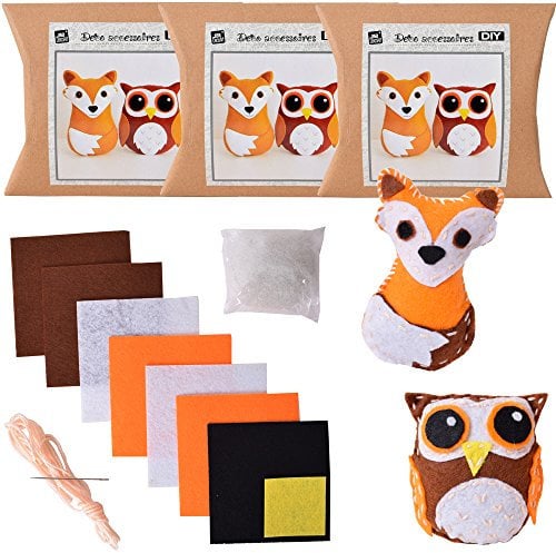 TE-DecoArt 6 Stück Set DIY Filz Nadelfilz Set Bastelset Bastelfilz 33-teilig Fuchs Eule selbst Basteln ca. 9x7x2 cm braun weiß