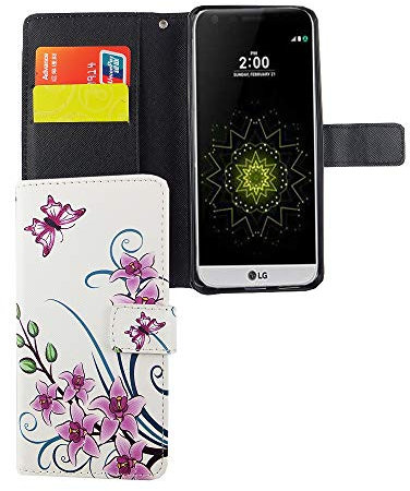 König Design Handyhülle Kompatibel mit LG G6 Handytasche Schutzhülle Tasche Flip Case mit Kreditkartenfächern - Lotusblume Pink Weiß