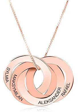 Russische Ring Halskette mit Gravur 4 Namen 4 Kreis—Namenskette Ringe Personalisiert 4 Namen Sterling Silber RoseGold Gold für Mütter Frau Frauen Mädchen