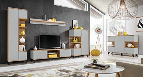 Wohnwand Bianka Schrankwand Anbauwand in Farbe Grau+Riviera Modern TV Board 21 (Wohnwand +Kommode)