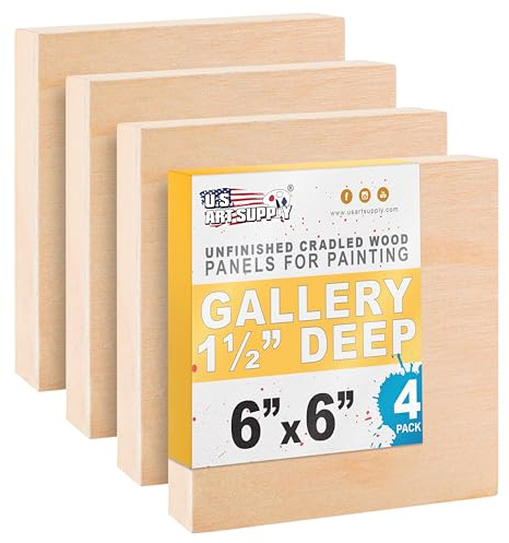 U.S. Art Supply 6 x 6 Unfinished Cradled Wood Panels for Painting, Gallery 1-1/2 Deep (4 Pack) - Artist Depth Wooden Wall Canvases - Mixed-Media Craft, Acrylic, Oil, Encaustic, Paint Pouring