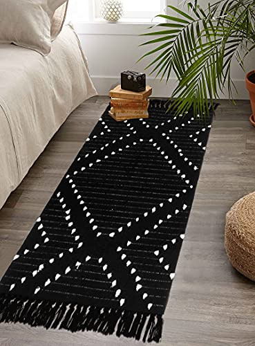 HAOCOO Boho Bathroom Runner Rug 2’ X 4.3’, Black Geometric Washable Woven Cotton Diamond Area Rug, Chic Moroccan Tribal Tassel Kitchen Rug,Throw Floor Mat Carpet Decorative for Living Room Bedroom