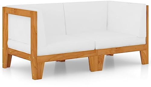 vidaXL Akazienholz Massiv Sofa 2-Sitzer mit Cremeweißen Kissen Gartensofa Garnitur Lounge Sitzgruppe Gartenmöbel Gartenset Ecksofa