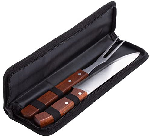 Brandsseller Grillbesteck 2-teilig – Steakmesser (18 cm Klinge) & Fleischgabel, Edelstahl mit Holzgriff, 33 cm, inkl. Reißverschlusstasche