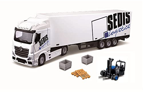 Bburago 18-31471 CAMION CON RIMORCHIO - MERCEDES BENZ ACTROS - CON RIMORCHIO SEDIS LOGISTICS - MULETTO, PALLET E ACCSSORI INCLUSI NELLA CONFEZIONE - SCALA 1:43 - COLORE BIANCO