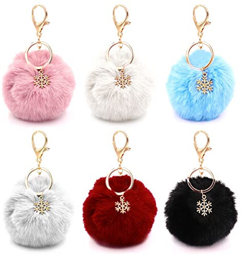 Forreen Porte-Clés Pompon, 6 Pièces Pom Pom Porte-Clés Doux Artificielle Fourrure de Lapin Duveteux Élégant Trousseau de Clés avec Breloques Pendentif Flocon pour Filles Femmes Sacs Accessoires